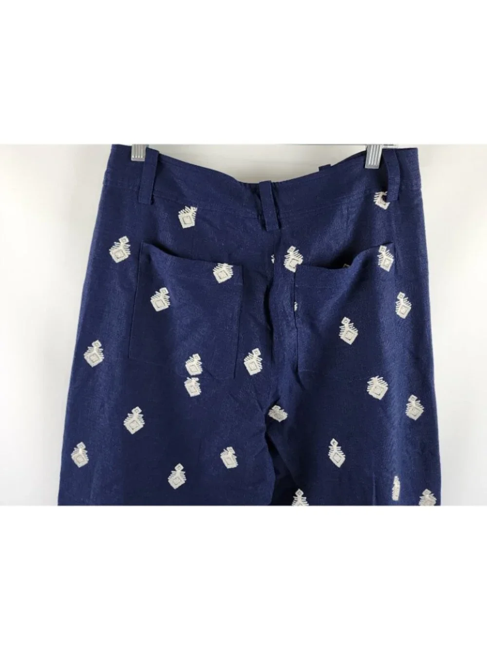ZARA Pants Womens L Blue Linen Blend Embroidered High Waist Culotte (32x26) NWT
